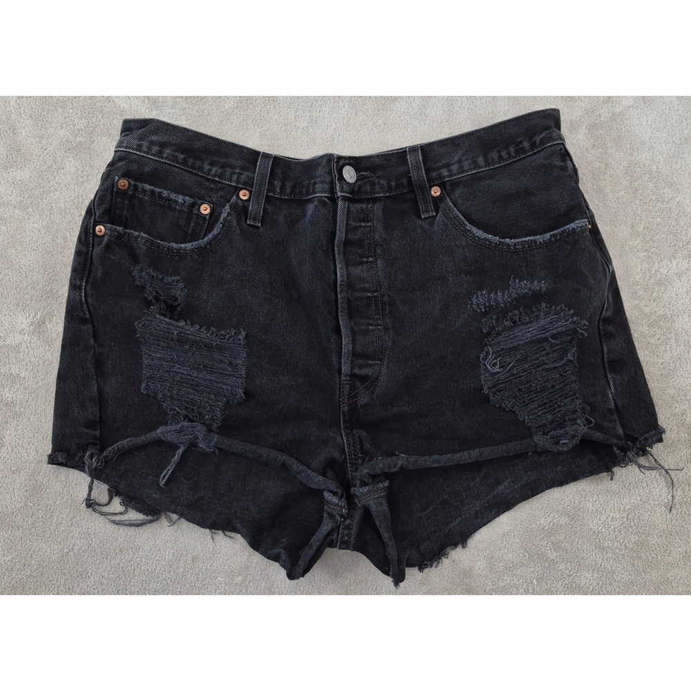 Levi's 501 Black Distressed High Rise Denim Shorts Raw Hem Button Fly W34